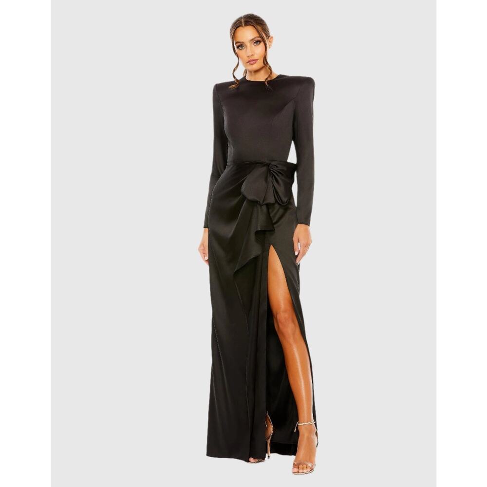 Mac Duggal 26676 Ieena Size 6 Long Sleeve Structured Bow Draped Gown Black  NWT